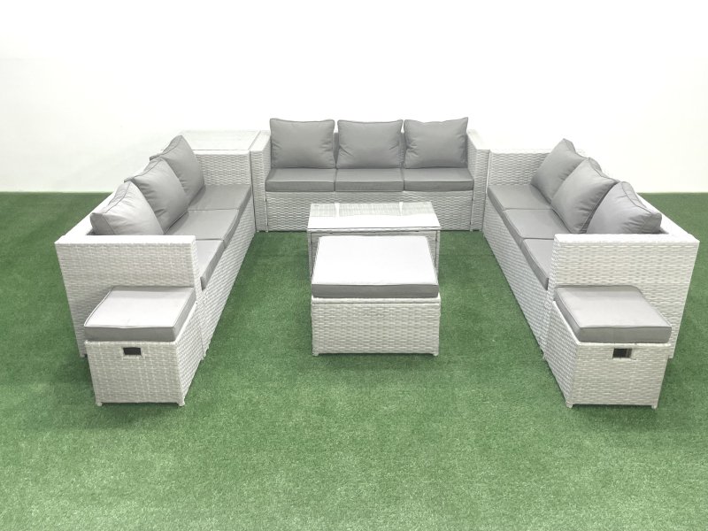 Fimous Rattan Garden Outdoor Furniture Set 12 Seater Garden Sofa Coffee Table Set with 3 Footstools Side Table Light Grey Mixed