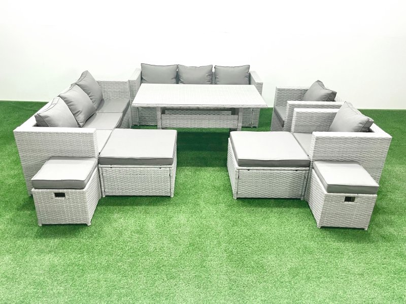 Fimous Rattan Garden Furniture Dining Set 12 Seater Lounge Sofa Chair Dining Table Set with 4 Footstools Light Grey Mixed