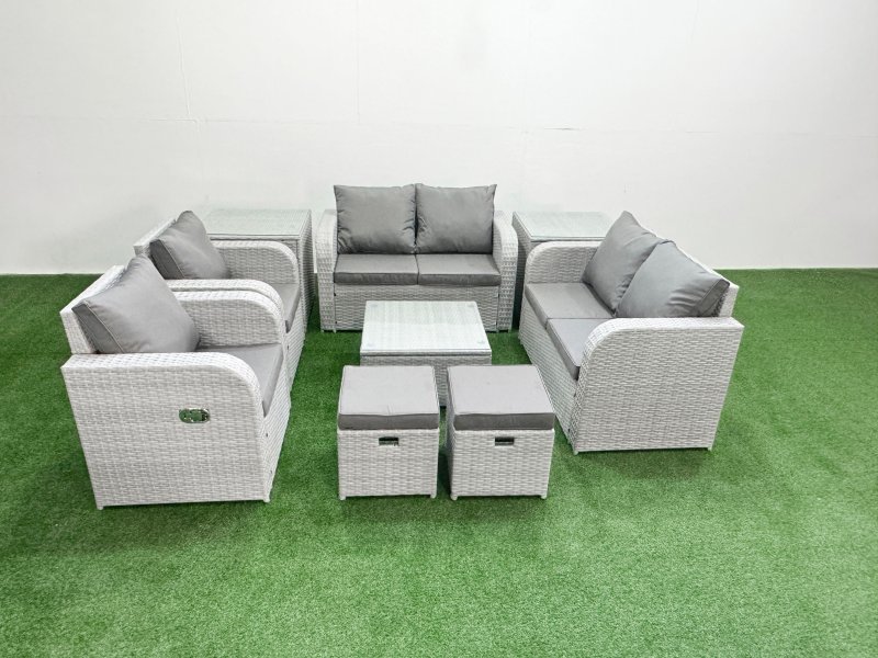 Fimous 8 Seater Outdoor Reclining Chair Love Sofa Set Rattan Garden Furniture Set with Square Coffee Table 2 Stools 2 Side Table Light Grey