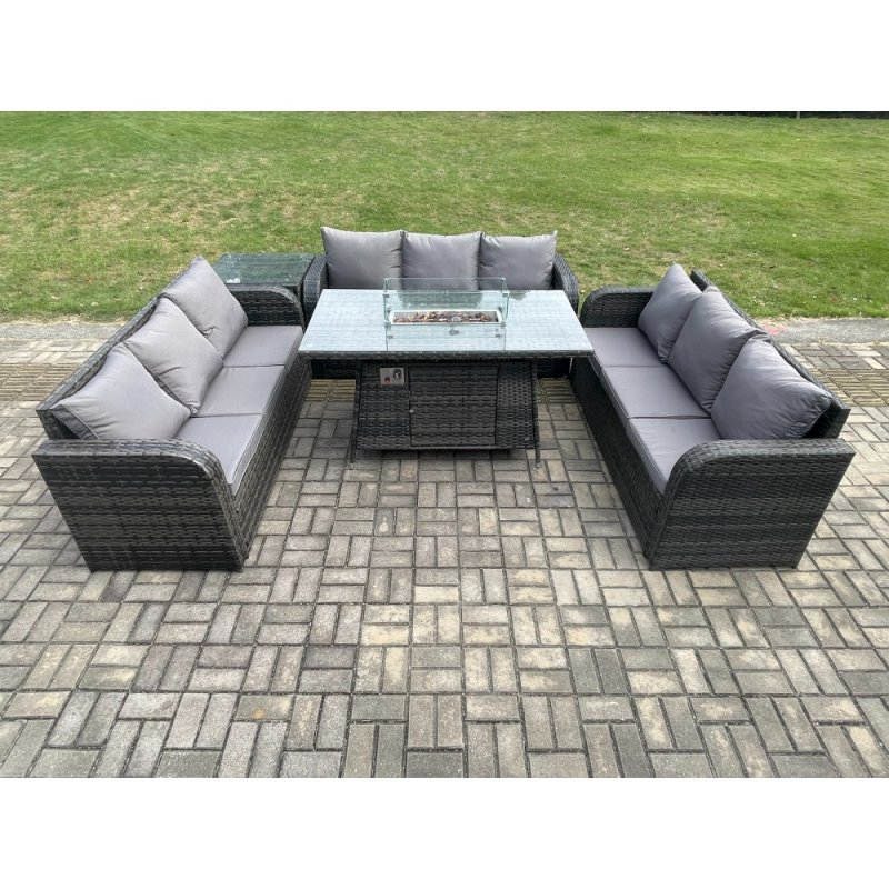 Fimous Rattan Furniture Garden Dining Set Gas Fire Pit Table With Side Table 3 Seater Sofa Dark Grey Mixed
