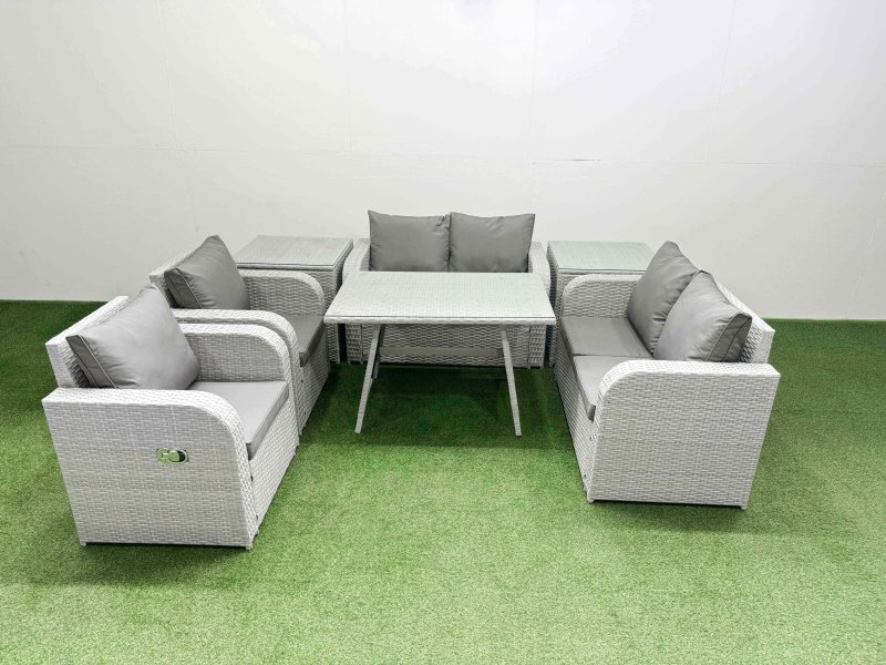Fimous 6 Seater Rattan Garden Furniture Set Outdoor Love Sofa Set with Rectangular Dining Table 2 Side Tables Light Grey