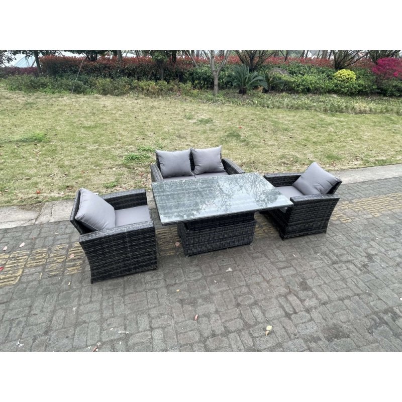 Fimous Rattan Outdoor Furniture Adjustable Rising Lifting Rectangle Dining Table Chairs Two Seater Love Sofa Sets 4 Seater