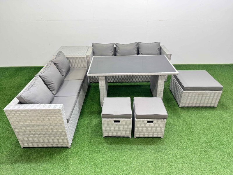 Fimous Rattan Garden Furniture Dining Set 9-seater Patio Rectangular Table Sofa Set with Side Table 3 Stools Light Grey