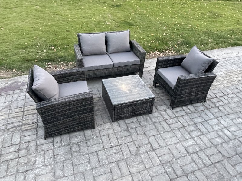 Fimous 4 PCS Outdoor Lounge Sofa Set Wicker PE Rattan Garden Furniture Set with Armchair Square Coffee Table Double Seat Sofa Dark Grey Mixed