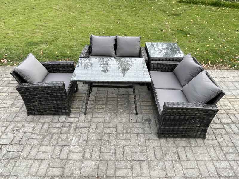 Fimous Wicker PE Rattan Garden Dining Set Outdoor Furniture Sofa with Rectangular Dining Table Love Seat Sofa Side Table Dark Grey Mixed