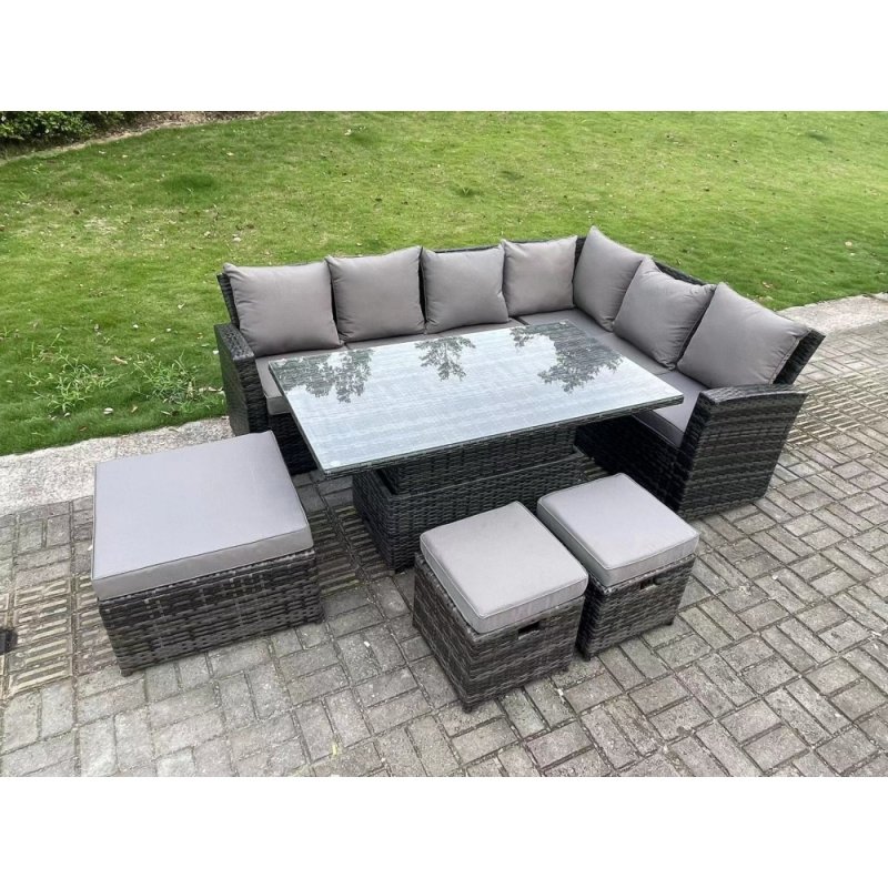 Fimous 9 Seater High Back?Outdoor Rattan Adjustable Rising Lifting Dining Table Corner Sofa Set Garden Furniture Footstools Dark Grey Mixed Right Hand