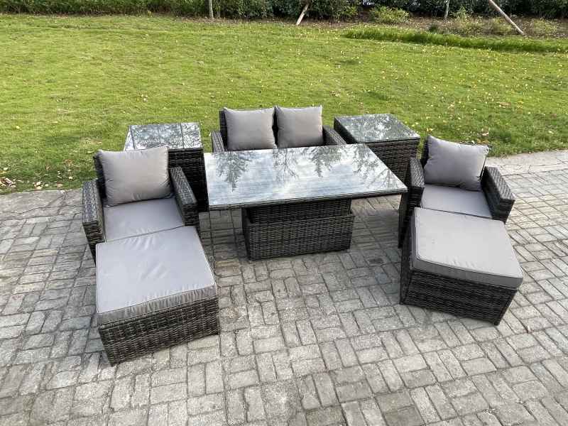 Fimous High Back Rattan Garden Furniture Sofa Sets with Height Adjustable Rising Lifting Table 2 Side Tables 2 Big Footstool Dark Grey Mixed