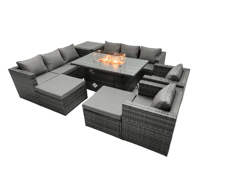 Fimous Rattan Garden Furniture Firepit Dining Set 10 Seater Lounge Sofa Table Set with side table 2 big Footstool
