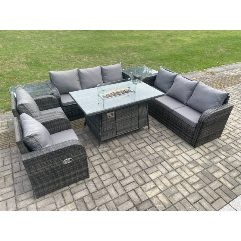 Fimous Patio Rattan Garden Furniture Set with Fire Pit Table,Chair and Side Table 8 Seater Outdoor Indoor Lounge Sofa Set Dark Grey Mixed