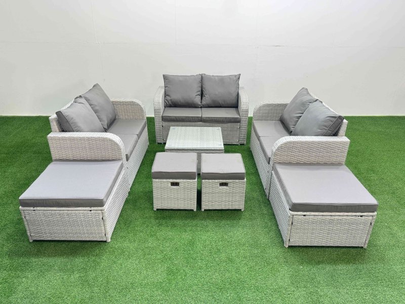 Fimous Outdoor Garden Furniture Set PE Rattan Love Sofa Set with Coffee Table 4 Footstools Light Grey