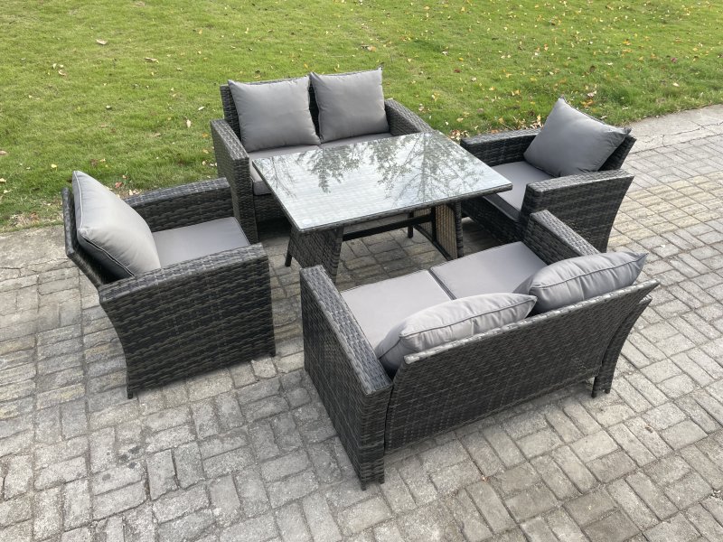 Fimous Rattan Garden Furniture Set 6 Seater Patio Outdoor Lounge Sofa Set with Rectangular Dining Table Love Seat Sofa Dark Grey Mixed
