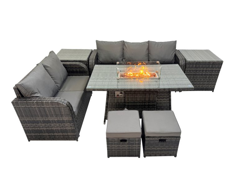 Fimous Garden Outdoor Rattan Furniture Set Rattan Love Sofa 3 Seater Sofa with 2 Side Tables 2 Small Footstools Dark Grey Mixed