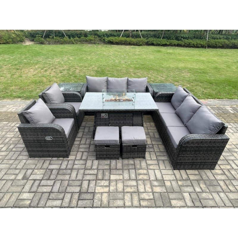Fimous Wicker Rattan Garden Furniture Set Gas Fire Pit Dining Table Indoor Outdoor with 2 Side Tables Chair Loveseat Sofa 2 Small Footstools
