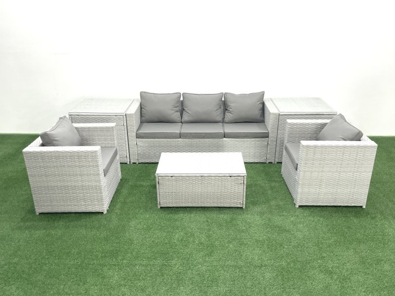 Fimous Rattan Garden Furniture Set with 3 Seater Sofa 2 Chair Rectangular Coffee Table 2 Side Tables Light Grey Mixed 5 Seater