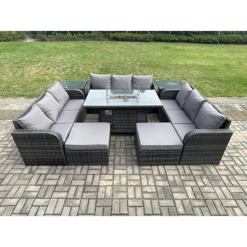 Fimous Outdoor Rattan Furniture Garden Dining Set Gas Fire Pit Table With 2 Side Tables Lounge Sofa 2 Big Footstool