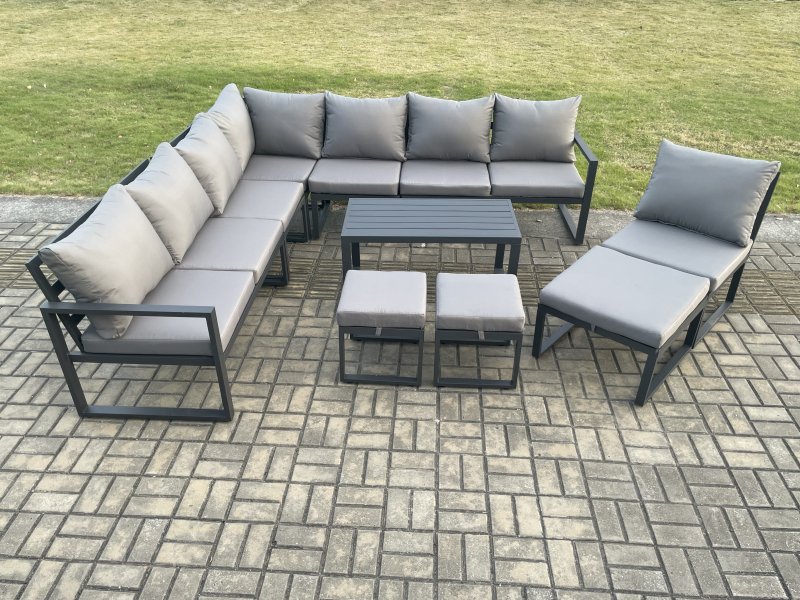 Fimous Aluminium 11 Seater Patio Outdoor Garden Furniture Lounge Corner Sofa Set with Oblong Coffee Table 3 Footstools Dark Grey