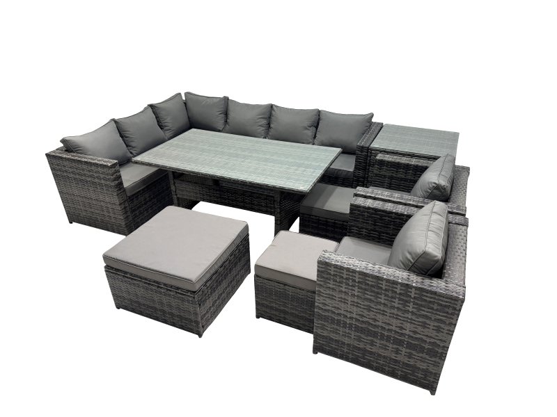 Fimous Outdoor PE Rattan Sofa Set with Dining Table Patio Garden Furniture Sets with 3 Stool Side Table Dark Grey Mixed