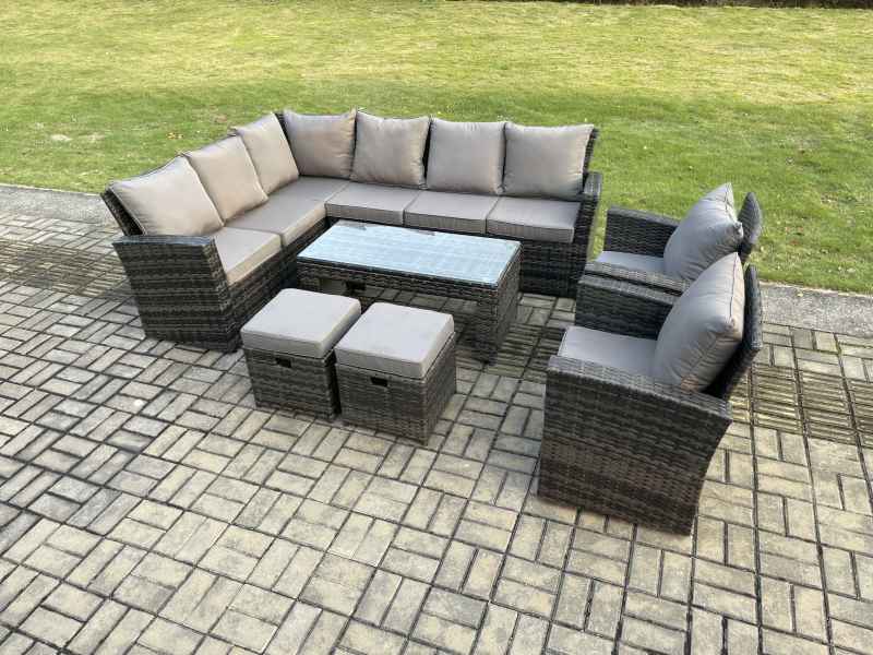 Fimous 10 Seat Rattan Garden Furniture Corner Sofa Set Outdoor Patio Sofa Chair Table Set with 2 Small Footstools Dark Grey Mixed
