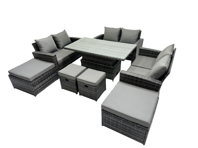Fimous Outdoor Love Sofa Set 10 Seat Rattan Garden Furniture Set with Adjustable Lifting Dining or Coffee Table Dark Grey Mixed