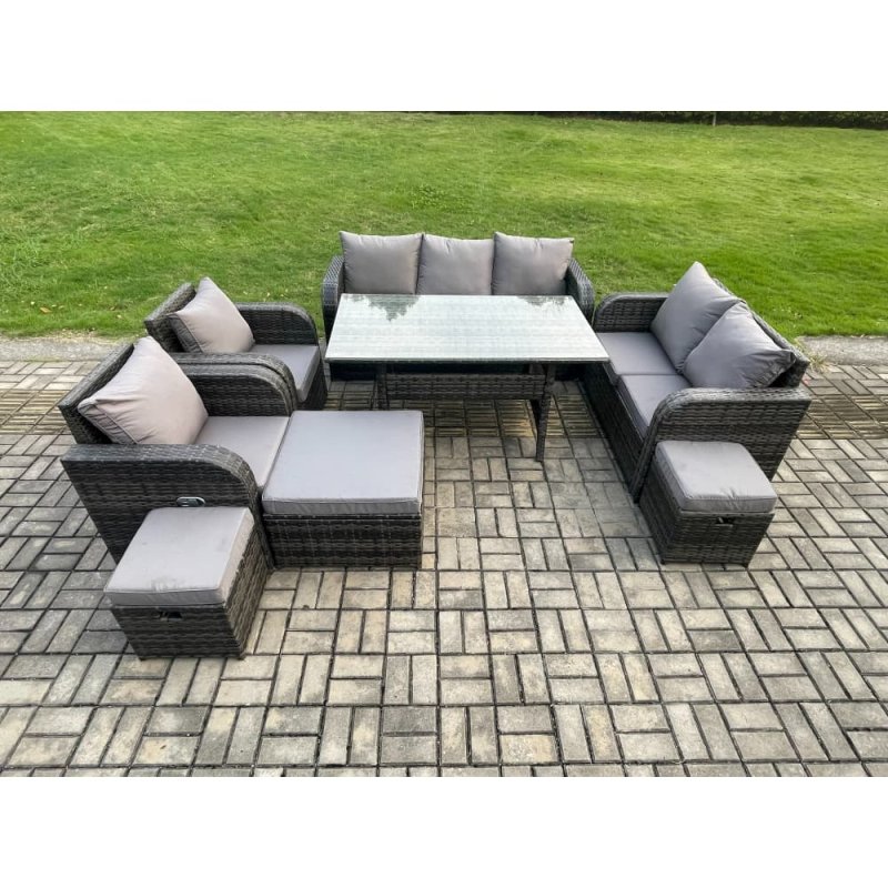 Fimous Dark Grey PE Wicker Rattan Garden Furniture Set Reclining Chair Love Sofa 2 Seater Sofa Set Outdoor Rectangular Dining Table 3 Footstools 10 Seater
