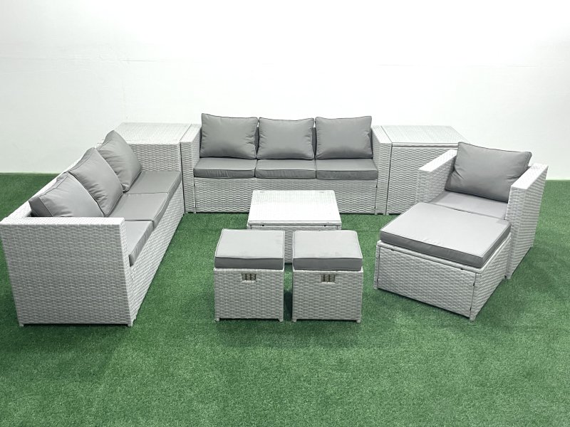 Fimous Wicker PE Rattan Sofa Garden Furniture Set with Armchair Square Coffee Table 3 Footstools 2 Side Tables Light Grey Mixed