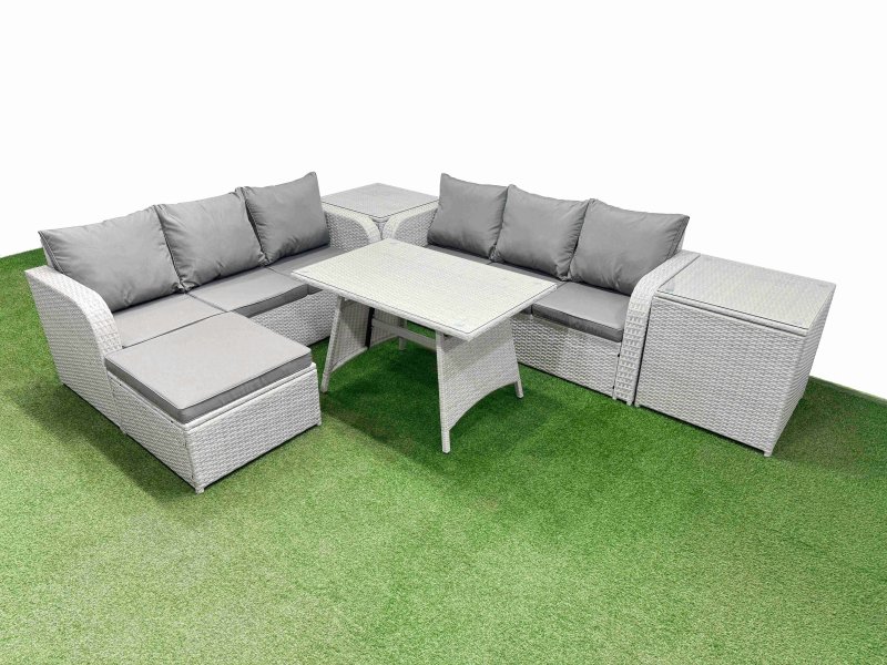 Fimous Patio Dining Table & Chairs Set Rattan High Back Lounge Sofa Set with 3 Seater Sofa 2 Side Tables Big Stool Light Grey