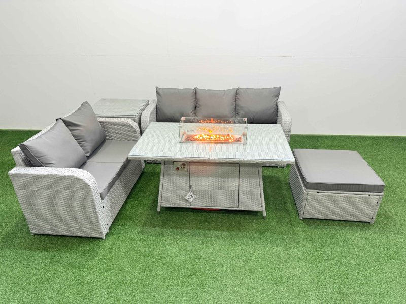 Fimous 6 Seater PE Rattan Wicker Garden Furniture Patio Conservatory Sofa Set with Firepit Dining Table 3 Seater Sofa Love Sofa Big Footstool Side Table