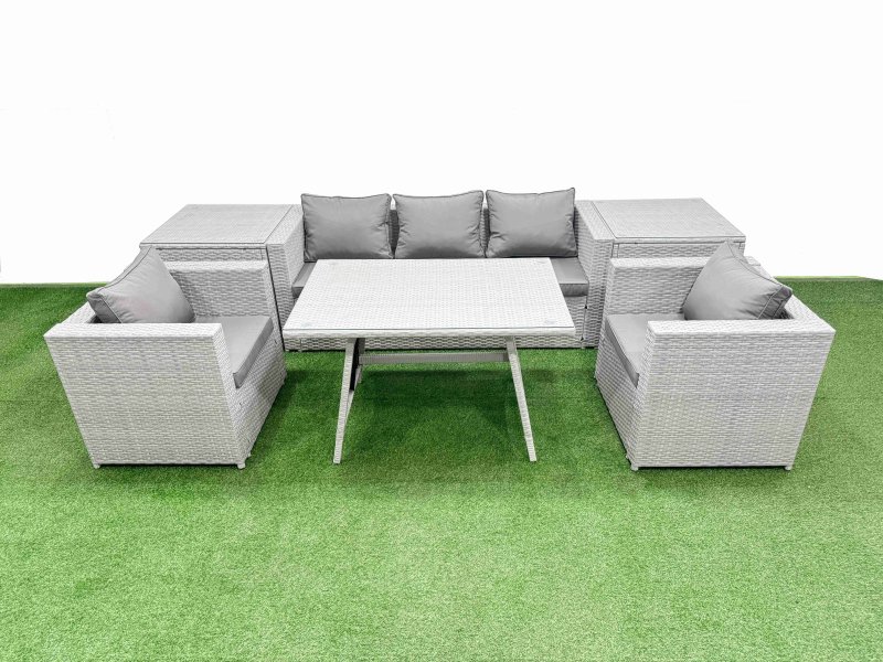 Fimous Outdoor PE Rattan Sofa Armchair Set Patio Garden Furniture Sets with Cushions 2 Side Tables Light Grey 7 Pieces