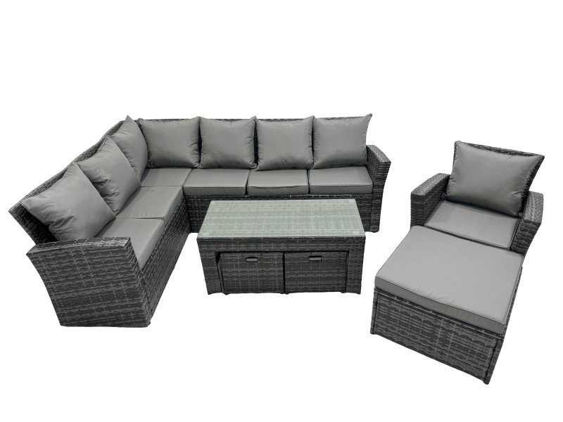Fimous 10 Seat Poly Rattan Outdoor Patio Oblong Coffee Table Corner Sofa Set with 3 Stool Chair for Garden Backyard Dark Grey Mixed