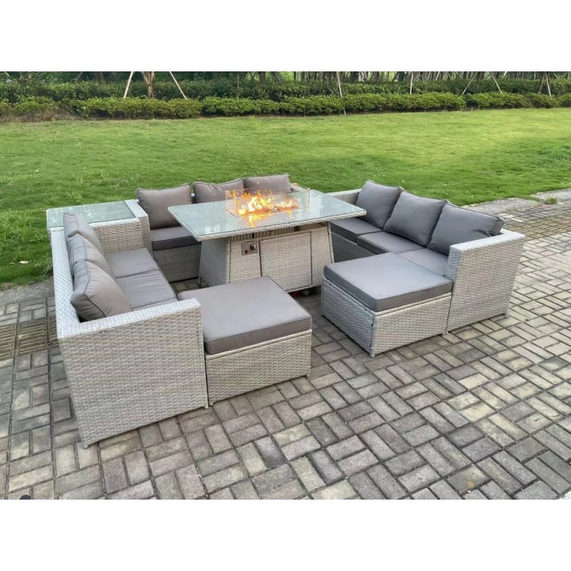 Fimous 11 Seater Outdoor Garden Dining Sets Rattan Furniture Gas Fire Pit Dining Table Gas Heater with Side Table 2 Big Footstools Light Grey