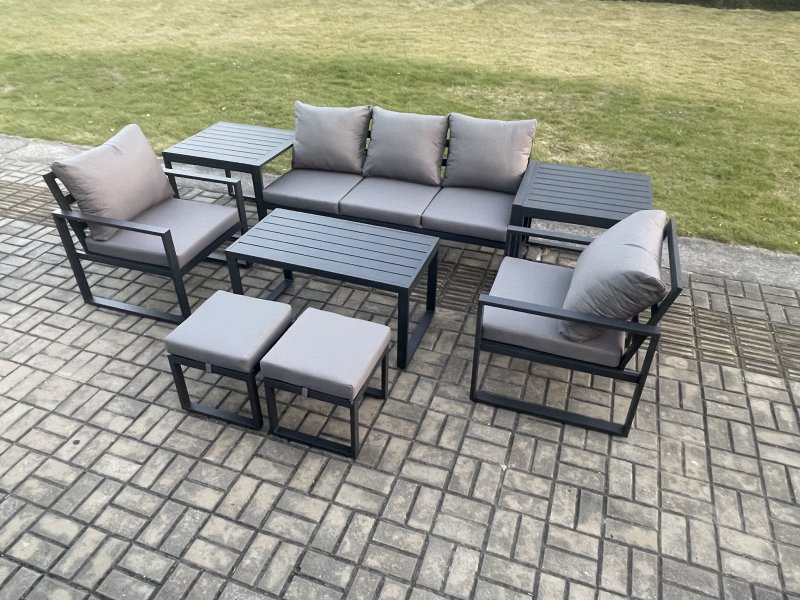 Fimous Aluminium Patio Outdoor Furniture Set 8 Pcs Garden Sofa with Oblong Coffee Table 2 Small Footstools 2 Armchairs 2 Side Tables Dark Grey