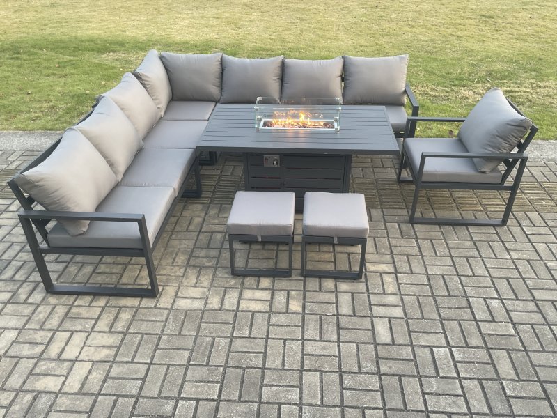 Fimous Aluminium 10 Seater Garden Furniture Outdoor Set Patio Lounge Sofa Gas Fire Pit Dining Table Set with Chair 2 Small Footstool Dark Grey