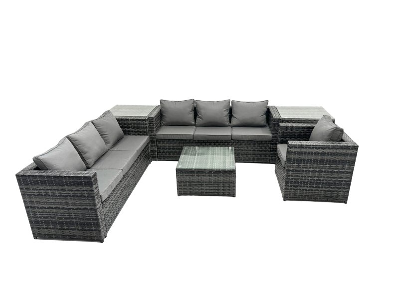 Fimous Outdoor Rattan Garden Furniture Set 7 Seater Patio Lounge Sofa Set with Armchair Square Coffee Table Side Table Dark Grey Mixed