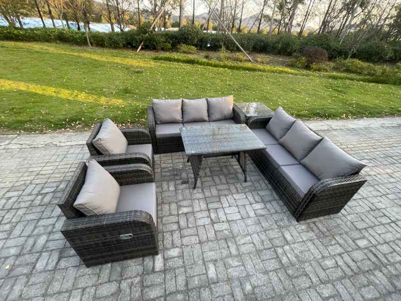 Fimous 8 Seater Rattan Outdoor Garden Furniture Sofa Set Patio Table & Chairs Set with 3 Seater Sofa Rectangular Dining Table Side Table Dark Grey Mixed