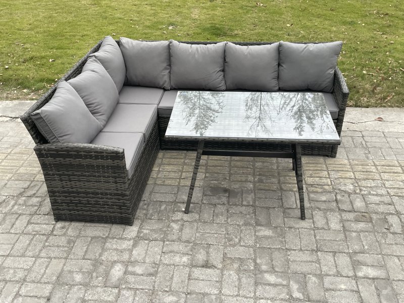 Fimous Wicker Rattan Garden Furniture Corner Sofa Set with Oblong Dining Table 6 Seater Outdoor Rattan Set Dark Grey Mixed