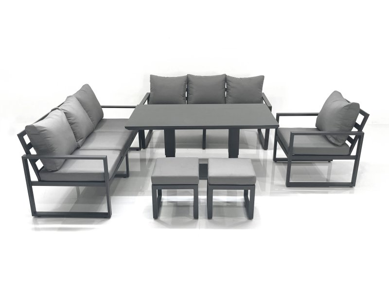Fimous Outdoor Garden Furniture Set Aluminium Lounge Sofa Adjustable Rising Lifting Dining Table Sets with 2 Small Footstools Dark Grey