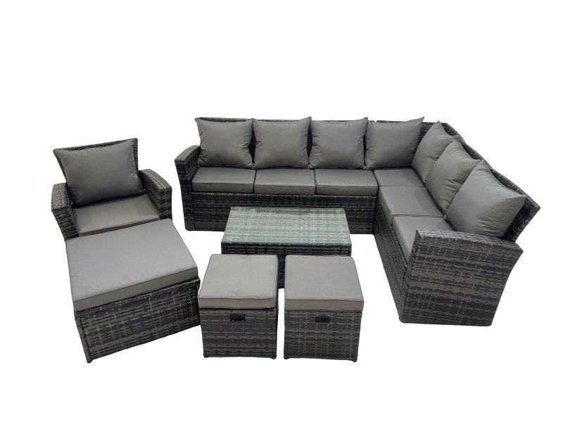 Fimous Rattan Garden Outdoor Furniture Set 10 Seater Garden Sofa Coffee Table Sets with Chair 3 Footstools Dark Grey Mixed
