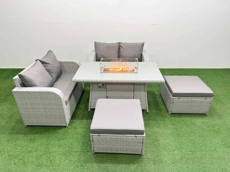 Fimous 6 Seater Outdoor Love Sofa Set Rattan Garden Furniture Set with Firepit Dining Table 2 Footstool Light Grey