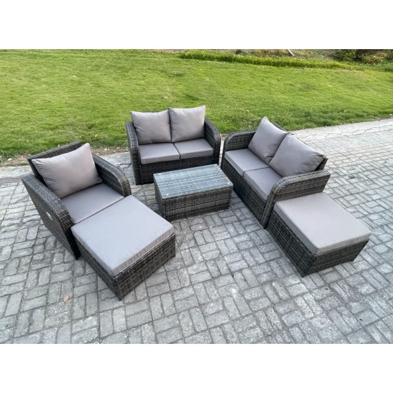 Fimous 7 Seater Garden Furniture Set Rattan Outdoor Lounge Sofa Chair With Tempered Glass Table 2 Big Footstool Dark Grey Mixed