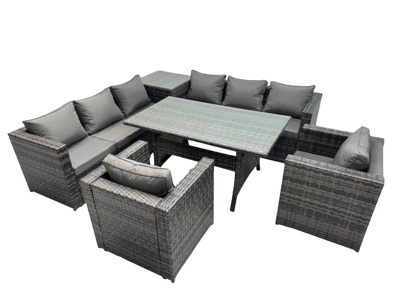Fimous 8 Seater Outdoor Corner Sofa Chair Dining Table Set Garden Rattan Furniture Set with Side Table Dark Grey
