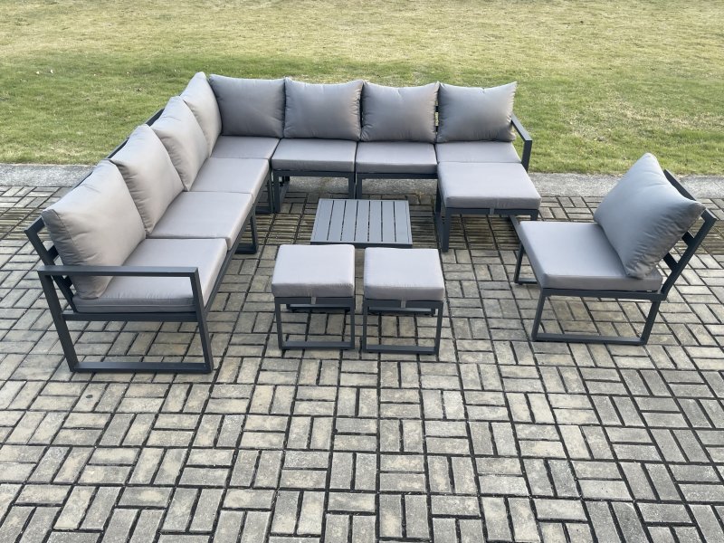 Fimous 11 Seater Patio Outdoor Garden Furniture Aluminium Lounge Corner Sofa Set with Square Coffee Table 3 Footstools Dark Grey