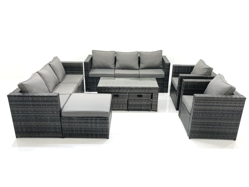 Fimous Rattan Garden Furniture Sofa Set with Coffee table Armchair 3 Footstools Dark Grey Mixed