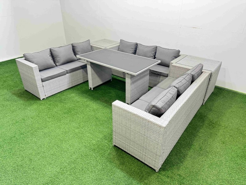 Fimous Patio Outdoor Garden Furniture Sets with Black Glass Top Dining Table 3 Seater Sofa Light Grey