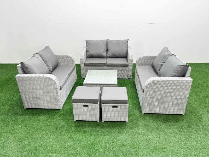 Fimous 8 Seater PE Wicker Rattan Furniture Sofa Sets with Square Coffee Table 2 Seater Love Sofa 2 Stool Light Grey