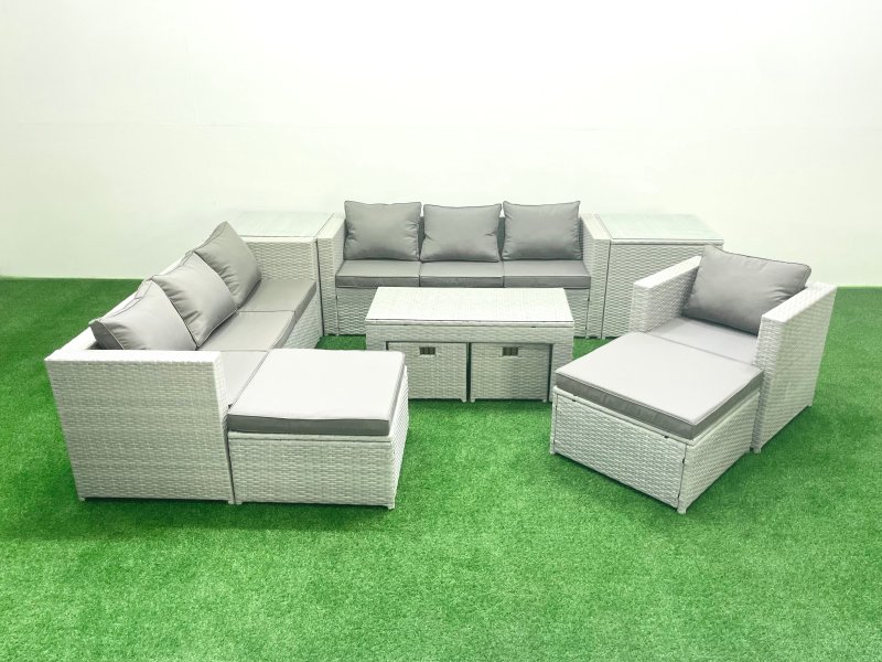 Fimous Outdoor Rattan Garden Furniture Set with Grey Cushions Luxury 11 Seater with Coffee Table and 2 Side Tables For Conservatory,Patio