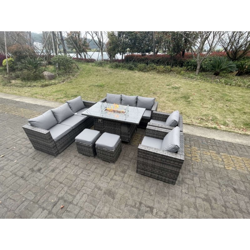 Fimous 10 Seater Outdoor PE Rattan Garden Furniture Gas Fire Pit Dining Table Set Lounge Sofa 2 PC Armchairs With 2 Stools Dark Grey Mixed Patio