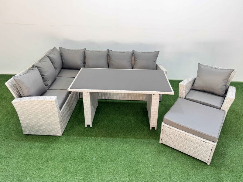 Fimous 8 Seater Wicker Rattan Corner Sofa Sets Outdoor Garden Furniture Sets with Rectangular Dining Table Lounge Sofa Big Footstool Armchair Light Grey