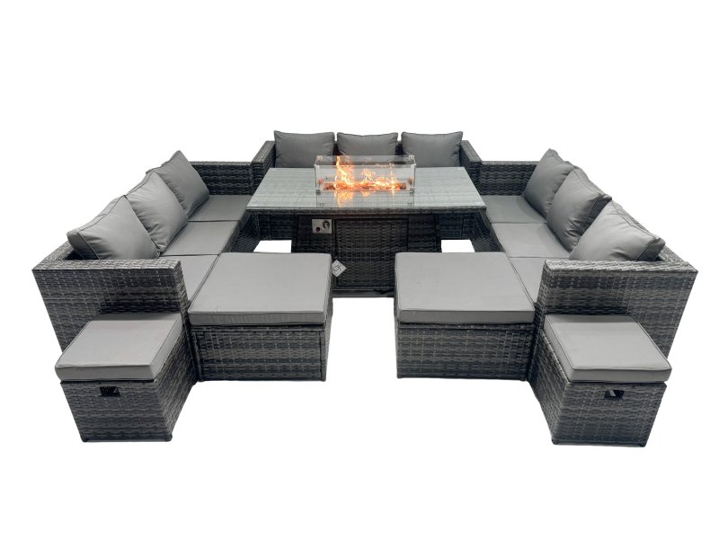 Fimous Rattan Garden Furniture Firepit Dining Set 13 Seater Lounge Sofa Table Set with 4 Footstools