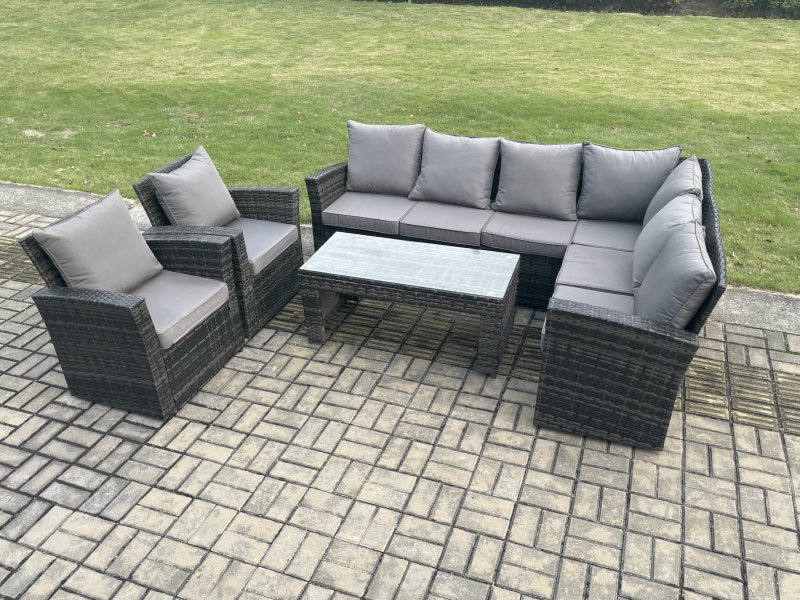 Fimous 8 Seat Rattan Garden Furniture Corner Sofa Set Outdoor Patio Sofa Chair Table Set with Cushions Dark Grey Mixed