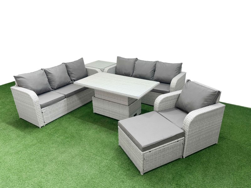 Fimous 8 Seater Poly Rattan Outdoor Garden Furniture Adjustable Lifting Dining or Coffee Table Sofa Set Patio 3 Seater Sofa Reclining Chair 3 Seater Sofa Big Footstool Side Table Light Grey